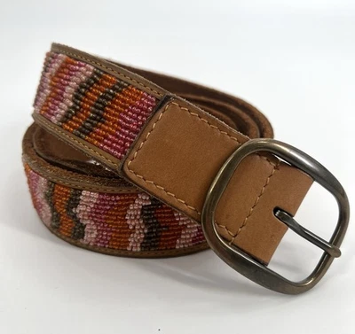 LUCKY BRAND Women's Brown Leather Beaded Belt Boho Southwestern Festival Large - Image 1 of 4