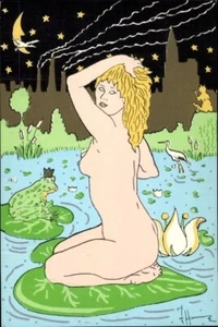 Artist Postcard NUDE Blonde on Lily Pad, FROG PRINCE, Reverse 2 Mermaids Risqué - Bild 1 von 2