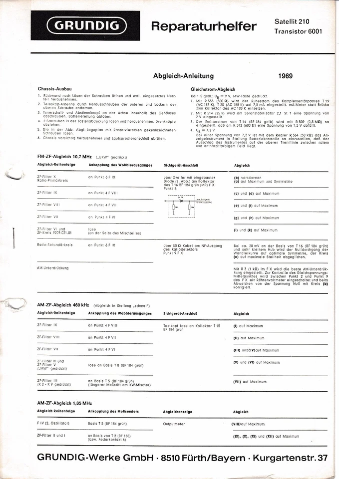 Guía manual de servicio para Grundig Satellit 210, transistor 6001 Foto 1 de 1
