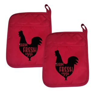 Red Pot Holders Pocket Heat Resistant Oven Mitts Hot Pad Rooster Chicken Decor - Picture 1 of 3