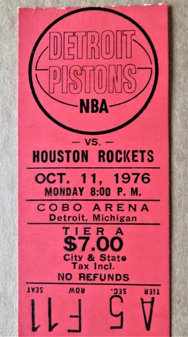 Detroit Pistons vs Houston Rockets Ticket stub Oct 11, 1976 - COBO Arena ! Cover
