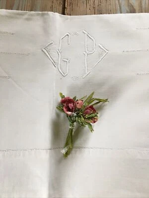 1890 LENZUOLO MATRIMONIALE Puro LINO  RICAMATO A MANO Monogramma G P Ajour Tenda - Immagine 1 di 4