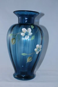 Fenton Blue Glass Vase Hand Painted Floral Design Signed Limited Edition - Picture 1 of 2