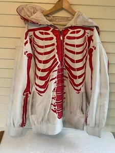 Skelton Jacket Faux Leather White and Red Full Zip Moto Skull Distressed LARGE - Picture 1 of 20