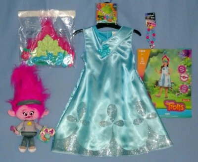  Trolls Poppy 服装连衣裙-女孩 4-6X;7-8 头饰-Plush 娃娃-珠宝-批量-6   — 第 1/4 张图片