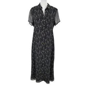 Robbie Bee Kleid Damen 12 Vintage Seide dunkel Blumen Knopfleiste schwarz beige - Bild 1 von 11