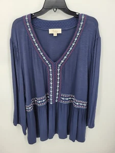 Nurture Top Womens Plus 3X Blue Embroidered Long Sleeve Boho Peasant Blouse NWT - Picture 1 of 10