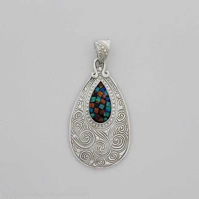 México 925 Plata Esterlina Lágrima Colgante Ópalo Mosaico Incrustación Joyería Artesanal Foto 1 de 4