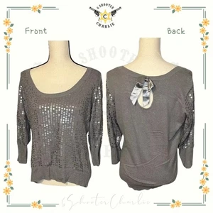 CANDIE'S grauer Pullover festlich Pailletten offen Peekaboo Schlüsselloch Rücken & Schleife XL - Bild 1 von 6