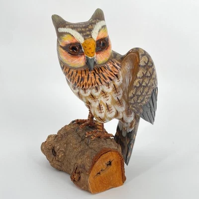 复古手绘雕刻 9 英寸猫头鹰雕像乡村木原木栖息民间艺术礼物 — 第 1/4 张图片