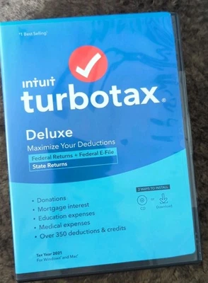 Sealed 2021 TurboTax Deluxe State + Federal CD/Download NEW 2021 Tax Software - Image 1 of 3