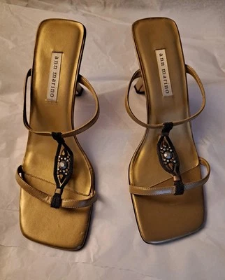 Sandalias Ann-Marino De Colección Para Mujer 9m Puntera Cuadrada Champagne Cuero Dorado Tacón Bloque Foto 1 de 4