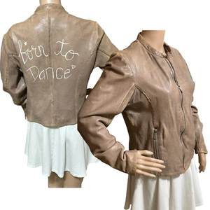 Mauritius Womens Lamb Leather Moto Jacket Large Taupe BORN TO DANCE Zip Pockets - Picture 1 of 24