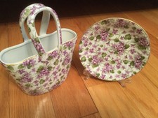 Porcelain bag, purple flowers  6 x 4, 3x 4.5 in at the bottom, plate 5.5 inches