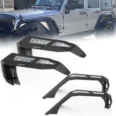 4pcs Front & Rear Fender Flares w/LED Lights For Jeep Wrangler 2007-2018 JK JKU - Image 1 of 4