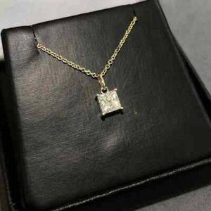 14K Yellow Gold 1.00 CT Princess Cut EF VS/SI Lab Grown Diamond Women's Necklace - Picture 1 of 4