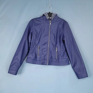 New Look Women's Faux Leather Hooded Full Zip Jacket Lined Blue Size S - Picture 1 of 9