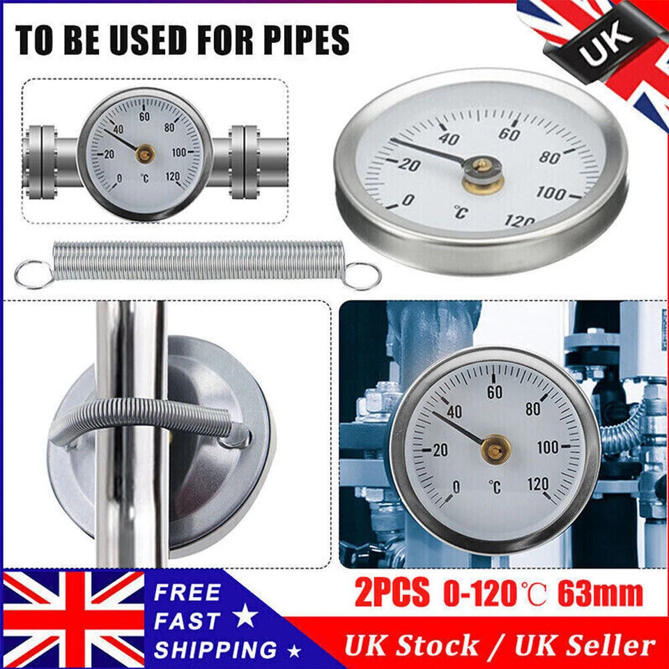 2x Pipe Thermometer Temperature Gauge Clip On Spring 0-120℃ 63mm Hot Water Dial