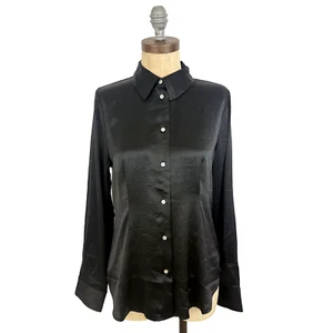 MADEWELL Darted Button Up Shirt Satin Size 4 True Black Collared Top NWT B13 - Picture 1 of 6