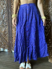 Boho Hippy Gypsy Blue Embroidered Skirt Button Down Rayon Long Skirts SM