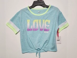 Justice Light Blue Short Sleeve Cropped Knot Tie Hem "Love" Shirt Size M - Picture 1 of 2