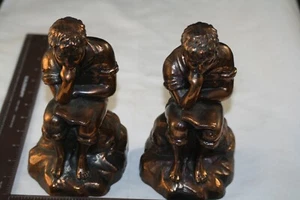 VINTAGE CAST METAL THINKING BOY BOOOKENDS COPPER BRONZE LOOK 8" PAIR LOT  - Picture 1 of 6