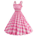 Women Dress Plaid Pattren Ball Gown Flared Costume Bridesmaid Partydresses Pink