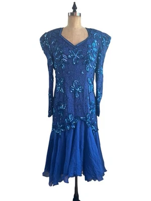 Vestido de Noche Vintage Años 80 Azul Lentejuelas Seda Cuentas Floral Manga Larga Talla M Foto 1 de 4