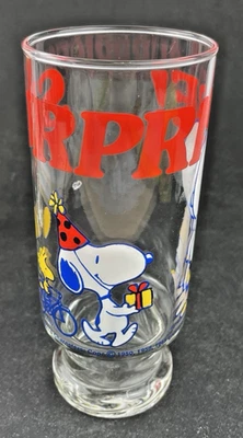 VINTAGE Snoopy Drinking Glass Birthday SURPRISE Presents Charlie Brown Woodstock - Image 1 of 4