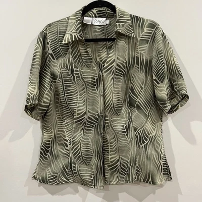 Kathy Che Semi-Sheer V-Neck Abstract Button Down Blouse, 3/4 sleeves - size 12  - Image 1 of 4