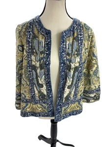 Chicos Womens M Paisley Brocade Jacket Open Front 3/4 Sleeve Boho Blue Green - Picture 1 of 9