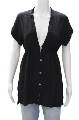 Vix Paula Hermanny Womens V-Neck Short Sleeve Button Up Blouse Top Black Size XS - Image 1 of 4