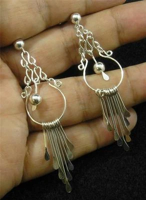 .925 Sterling Silver Paddle Hoop Hinged Dangle Ball Earrings 2 3/4" long Post - Image 1 of 2