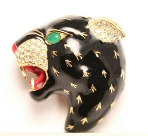 Vintage Ciner Black Panther Leopard Head Enamel Rhinestone Brooch - Picture 1 of 9