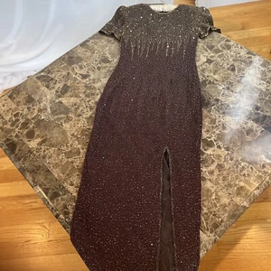 Abito vintage marrone Stenay 100% seta perline sera formale formale a fessura lunga fiamma 6 - Foto 1 di 24