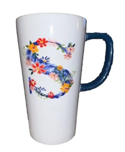 Coffe Latte Mug Letter S Initial Floral Cup White Navy Handle New - Picture 1 of 3