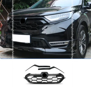 3pc For Honda CR-V 2017-2022 Glossy Black Grille Front Bumper Center Grill Decor - Picture 1 of 9
