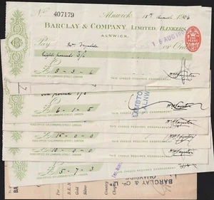 1904 BARCLAY & CO- Alnwick Northumberland.  issued cheques £5- each - Picture 1 of 1