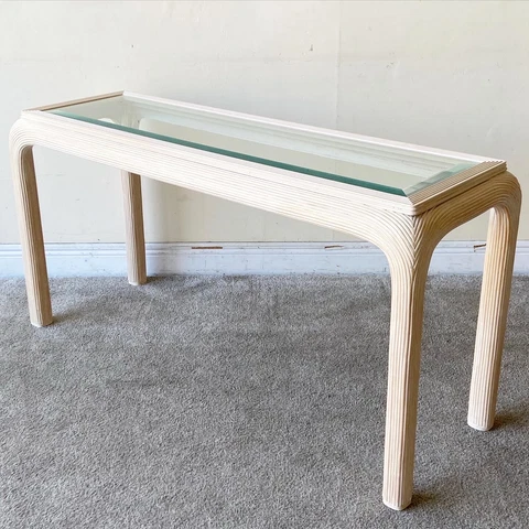 1980s Postmodern Pencil Reed Beveled Glass Top Console Table Cover
