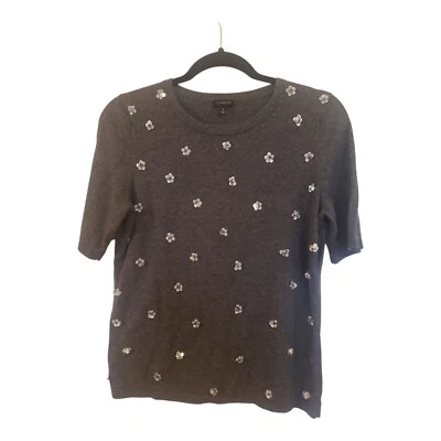 Talbots Manga Corta Suéter Camiseta Lentejuelas Flores Gris Ligero Talla Med Foto 1 de 4