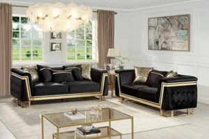 NEW Black Gold 2PC Sofa Loveseat Two-Tone Velvet Tufted Contemporary Living Room - Picture 1 of 7