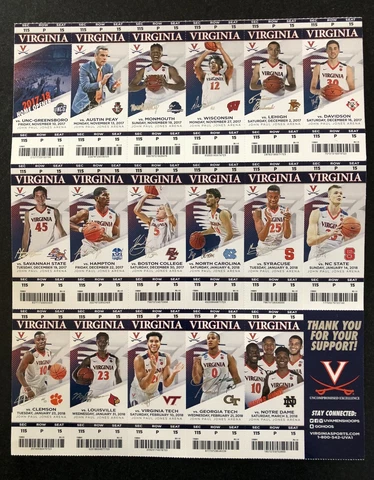 Virginia Cavaliers 2017 2018 Basketball Season Undivided Ticket Sheet Stubs UVA Cover