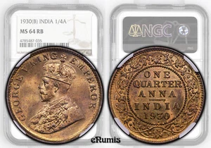 INDIA, George V, 1/4 Anna 1930, Calcutta, NGC MS 64 RB - Picture 1 of 8