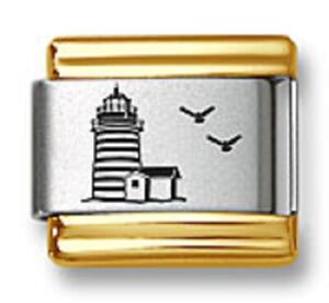 Italian Charm Bracelet Link Laser Lighthouse Gold Trim 9mm Stainless Steel 