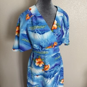 Royal Hawaiian Womens Blue Tropical Floral Palm Trees Maxi Dress Size 16 Vintage - Picture 1 of 9