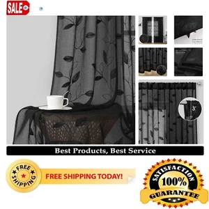 Soft Semi-Sheer Black Voile Curtains 52" x 84" - Pack of 2 with Leaf Pattern - Picture 1 of 11