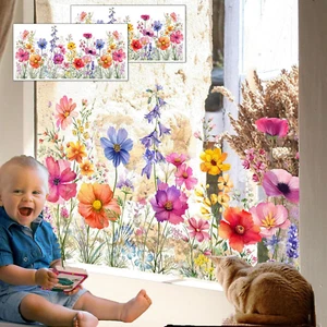 2 Set Flower Window Clings for Glass Windows, Colorful Floral Bouquet Window Sti - Picture 1 of 7