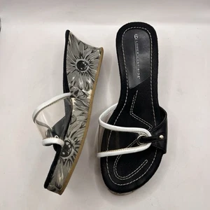Vintage Y2K Lower East Side Size 6 Wedge Sandals Black White Flower 90s Clear - Picture 1 of 9