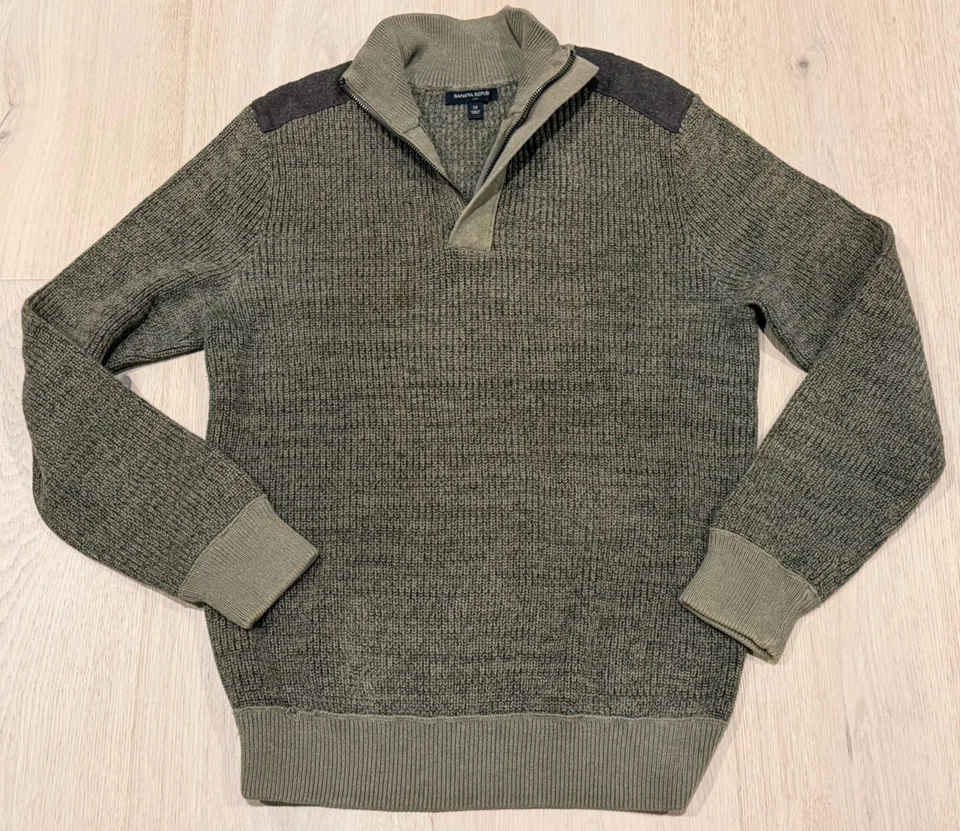 Suéter Pullover Banana Republic Verde Mediano 1/4 Cremallera Vegano Gamuza Parche Preppy Foto 1 de 4
