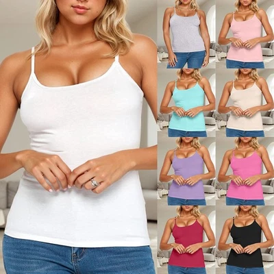 Women Built in Bra Padded Cami Vest 2 in 1 Camisole Tops With Shelf Tank T Shirt - Image 1 of 4